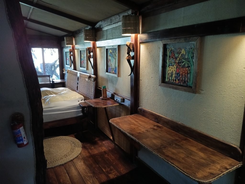 Chalet bedroom with carved art panels